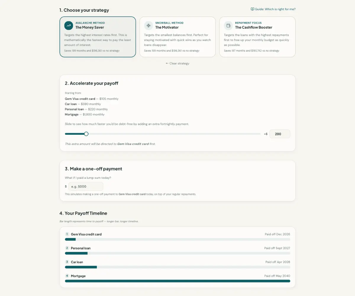 Owly strategy page showing payoff plans